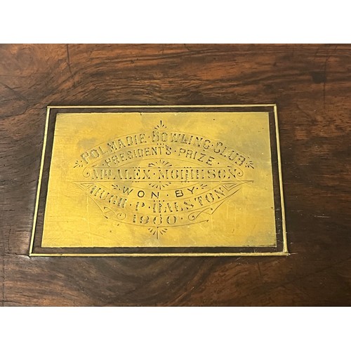 117 - Antique wooden writing slope with brass inlay -Bowling club Presidents prize dated 1900. Needs atten... 