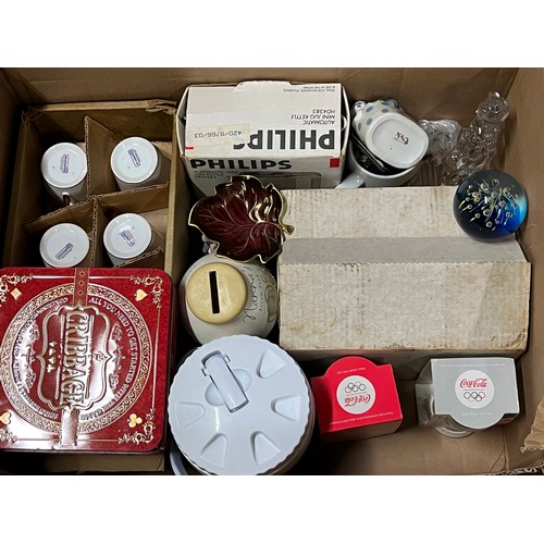 406 - Box of misc to include glass paperweight, Carlton ware leaf dish and coco-cola glasses etc.