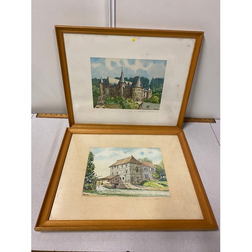 417 - 2 framed watercolours of Castle in Luxemburg and French Chateau. 54cm x 44cm