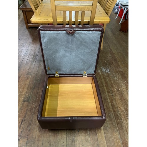 56 - Large brown leather pouffe storage stool.