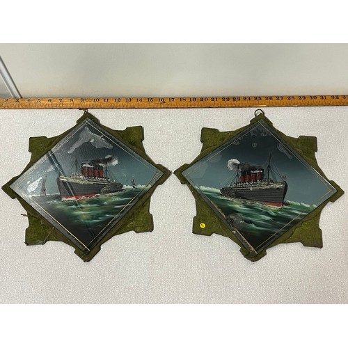 134 - Pair of antique British Manufacture back/reverse painted glass wall hangings of the Lusitania and th... 