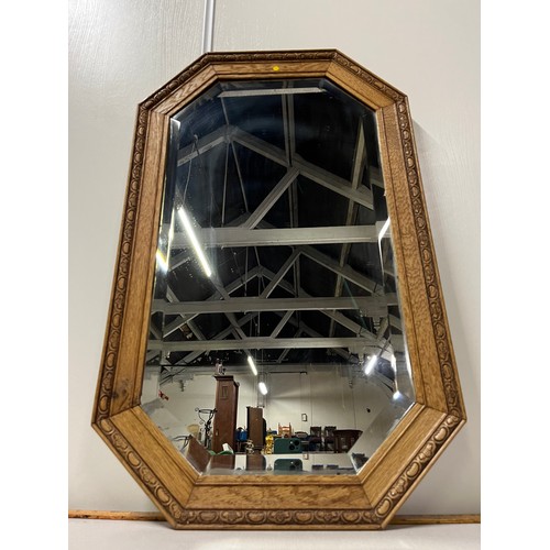 358 - bevel edged oak hall mirror 
31 inches tall