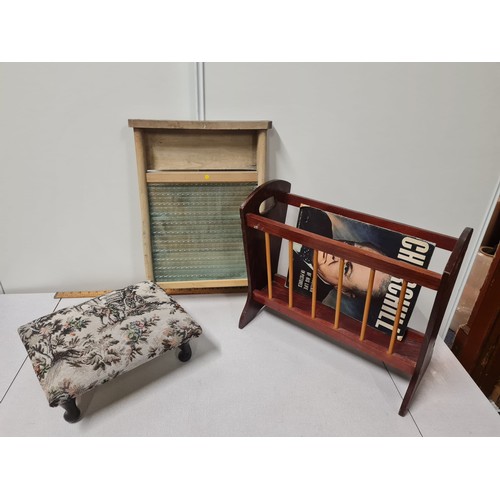 295 - Glass wash board, foot stool and magazine rack.