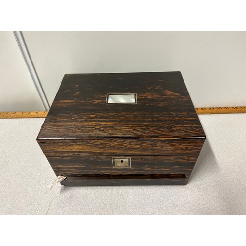 466 - Antique burr walnut vanity case with mother of pearl inlay & contents with 1 silver topped jar. Come... 