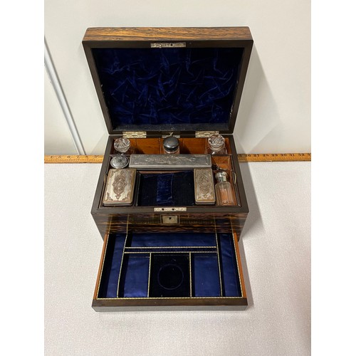 466 - Antique burr walnut vanity case with mother of pearl inlay & contents with 1 silver topped jar. Come... 