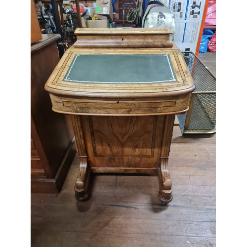 161 - Antique Victorian Burr Walnut inlaid, leather top davenport with presentation plaque (possibly silve... 