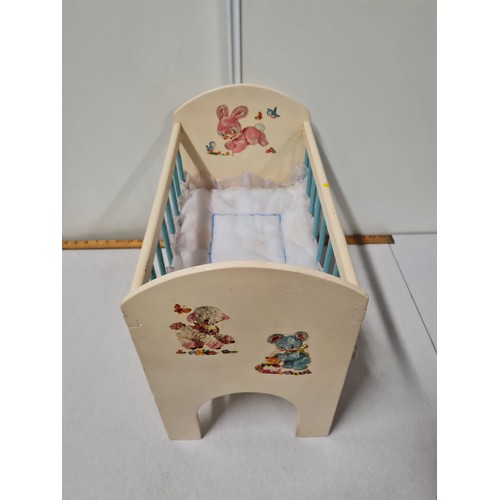 215 - Vintage dolls cot with doll and TY Polar bear.