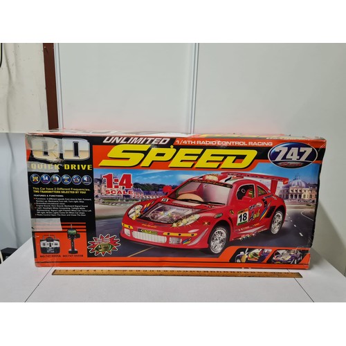 218 - Very large 1:4 scale Unlimited speed radio control racing car in box. Comes with remote control.