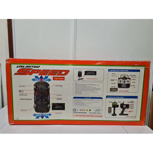 218 - Very large 1:4 scale Unlimited speed radio control racing car in box. Comes with remote control.