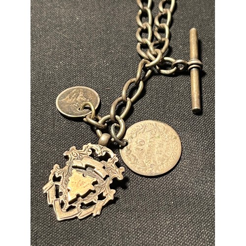 48 - Silver double albert chain and T-Bar with silver fob etc.
53grams