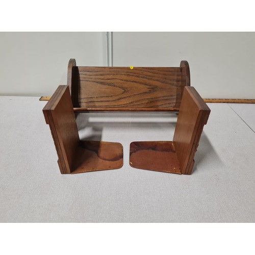 86 - Solid wood book shelf along with hand carved bookends depicting duck scene.