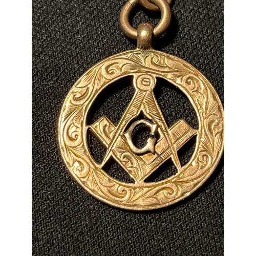 128 - Silver plated double albert chain and T bar with 9ct gold Masonic fob.