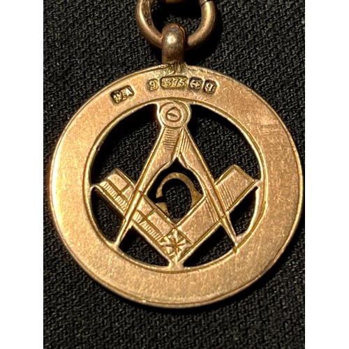 128 - Silver plated double albert chain and T bar with 9ct gold Masonic fob.