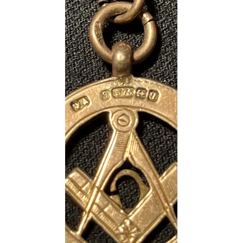 128 - Silver plated double albert chain and T bar with 9ct gold Masonic fob.