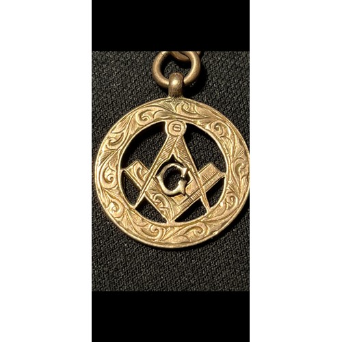 128 - Silver plated double albert chain and T bar with 9ct gold Masonic fob.