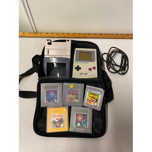 28 - Original Nintendo Game Boy with 5 games, magnify screen and carrycase. Working but No power cable