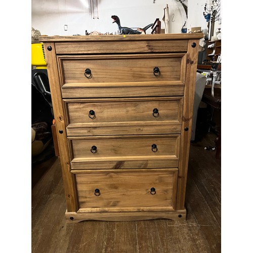 56 - Mexican pine 4 drawer chest.
129cm h x 48cm d x 91cm w