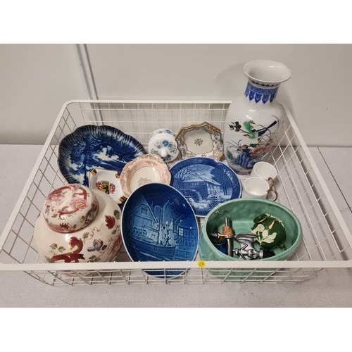 529 - Basket of collectables to include ginger jar, Noritake plate & 2 Royal Copenhagen Plates