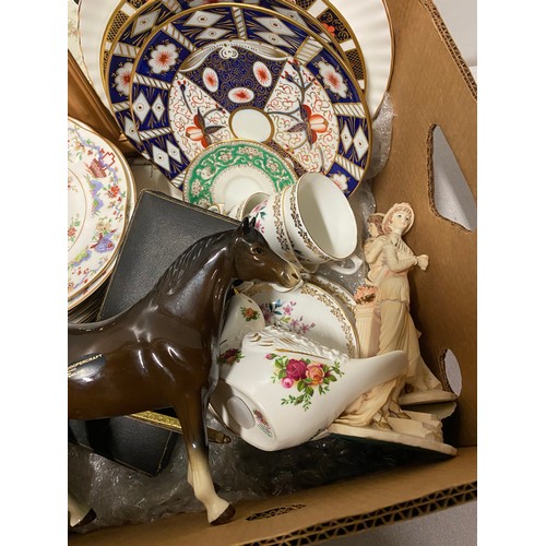 406 - Box of misc to include pub mirror, Royal Worcester plates and Royal Albert Old Country Roses bird et... 