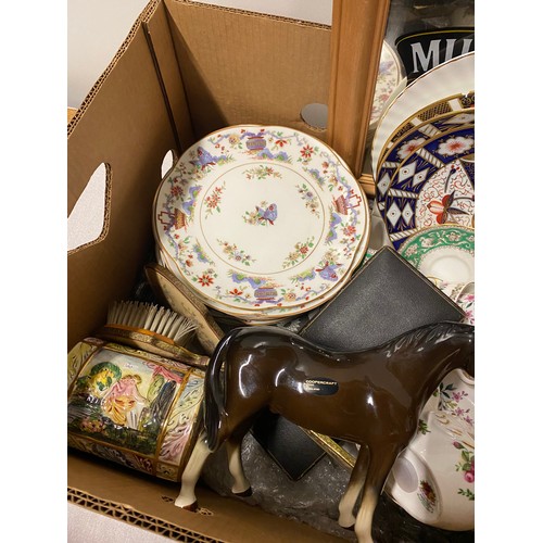 406 - Box of misc to include pub mirror, Royal Worcester plates and Royal Albert Old Country Roses bird et... 