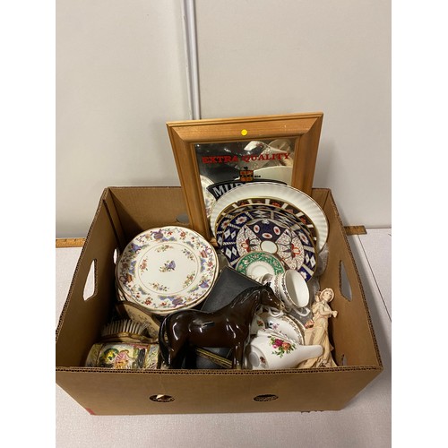 406 - Box of misc to include pub mirror, Royal Worcester plates and Royal Albert Old Country Roses bird et... 