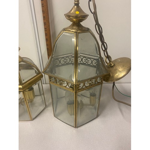 92 - 2 x vintage glass and brass ceiling lights.
Tallest 54cm