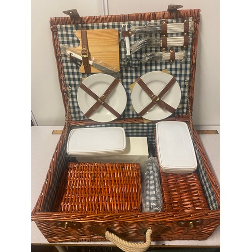 93 - Large wicker picnic hamper with contents to include - 4 x champagne flutes and flask etc.