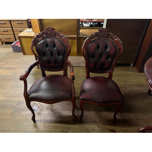 100 - Italian inlaid table with 6 button back chairs 
1 chair faded