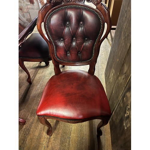 100 - Italian inlaid table with 6 button back chairs 
1 chair faded