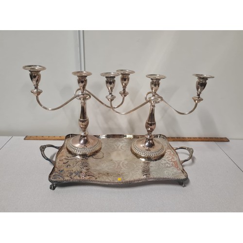 52 - Pair of Viners Alpha plated candelabras along with footed tray.