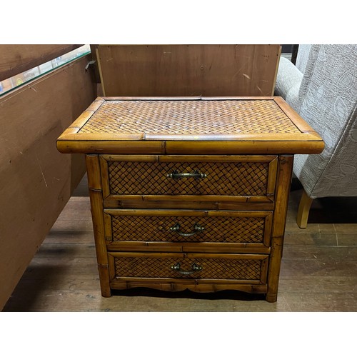 225 - Vintage bamboo and wicker 3 drawer chest. h 61cm x w 65cm