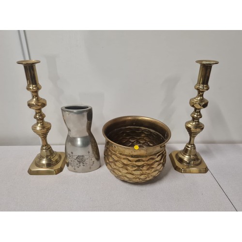 227 - Pair of brass candle sticks along with brass bucket and stainless steel Rennie Mackintosh vase. tall... 