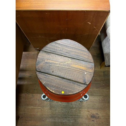 360 - Upcycled beer keg stool on metal frame legs and with wooden seat. 79cm tall