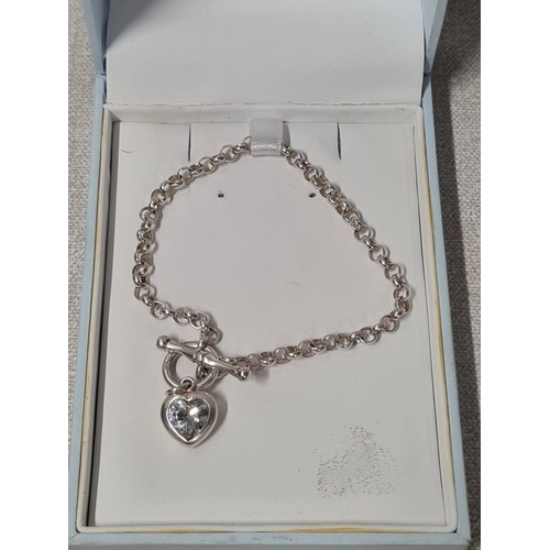 89 - Hallmarked silver T-Bar bracelet with diamante heart charm.