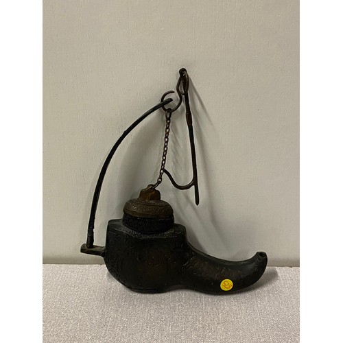 12 - Antique bronze Middle Eastern oil lamp.