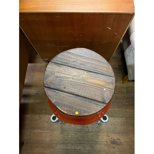 Upcycled beer keg stool on metal frame legs and with wooden seat. 79cm tall