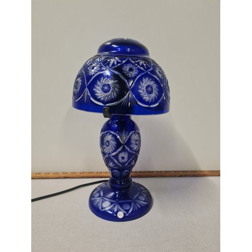 45 - Bohemian cobalt blue glass mushroom double bulb lamp. 
35cm h