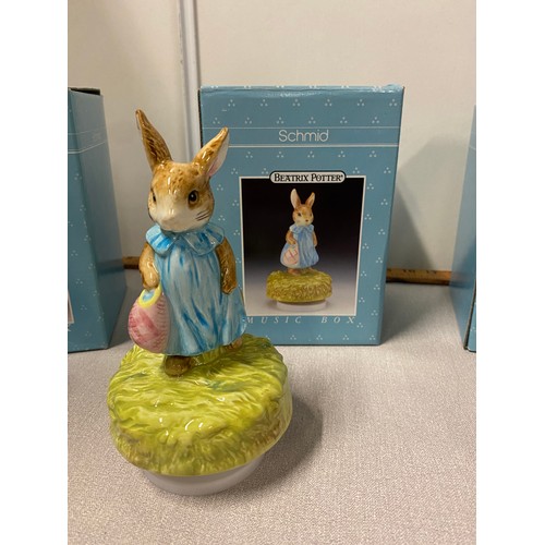 193 - 4 boxed Beatrix Potter musical figures by Schmid to include Duchess, Mrs Floppy Bunny, Old Mr Benjam... 