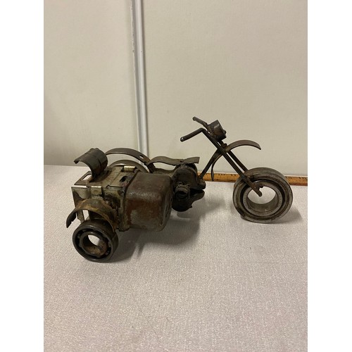 10 - Arts & Crafts cast metal motorbike & side car made from car & motorbike parts.
30cm l