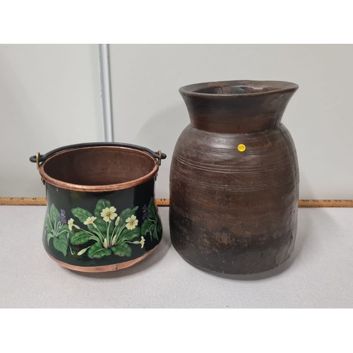 554 - Large wooden vase along with hand painted copper pot/cauldron.