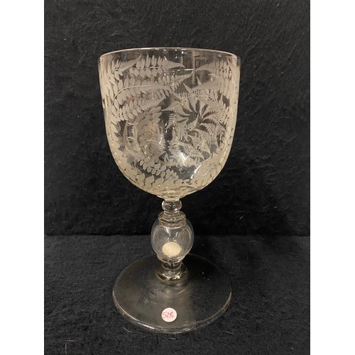 134 - Victorian coin glass dated 1889, 
Hollow knopped with silver threepence dated 1877.
approx 20cm h
Gl... 