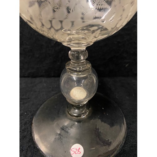 134 - Victorian coin glass dated 1889, 
Hollow knopped with silver threepence dated 1877.
approx 20cm h
Gl... 