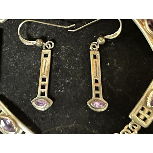 266 - Silver and amethyst Rennie Mackintosh bracelet and earring set.