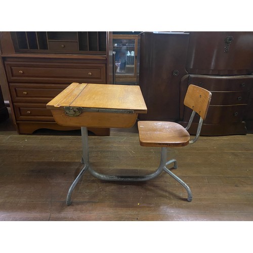 60 - 1950's industrial kids school desk and chair. Possibly French.
72cm l 46cm w 56cm h