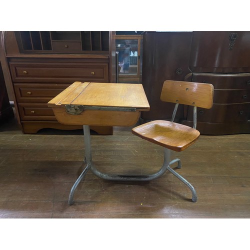 60 - 1950's industrial kids school desk and chair. Possibly French.
72cm l 46cm w 56cm h