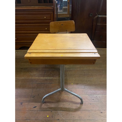 60 - 1950's industrial kids school desk and chair. Possibly French.
72cm l 46cm w 56cm h