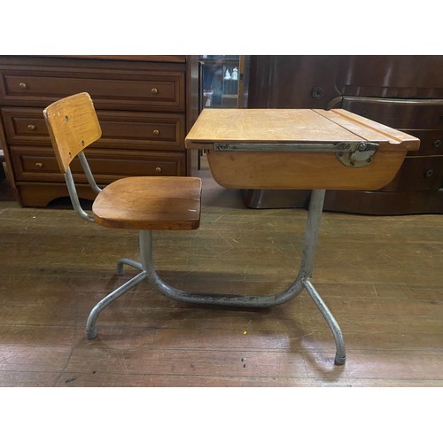 60 - 1950's industrial kids school desk and chair. Possibly French.
72cm l 46cm w 56cm h