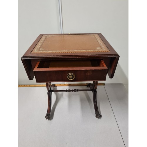 35 - Leather top, one drawer, drop leaf table on claw feet.
52cm h x 74cm w opened.