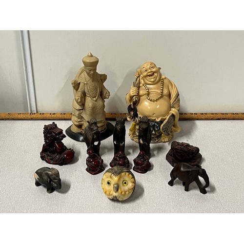 44 - Selection of Oriental ornaments to include 3 wise monkeys, dragons and Buddha's.
Tallest 20cm