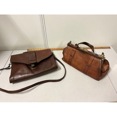 50 - Vintage leather Gladstone style bag along with leather satchel.